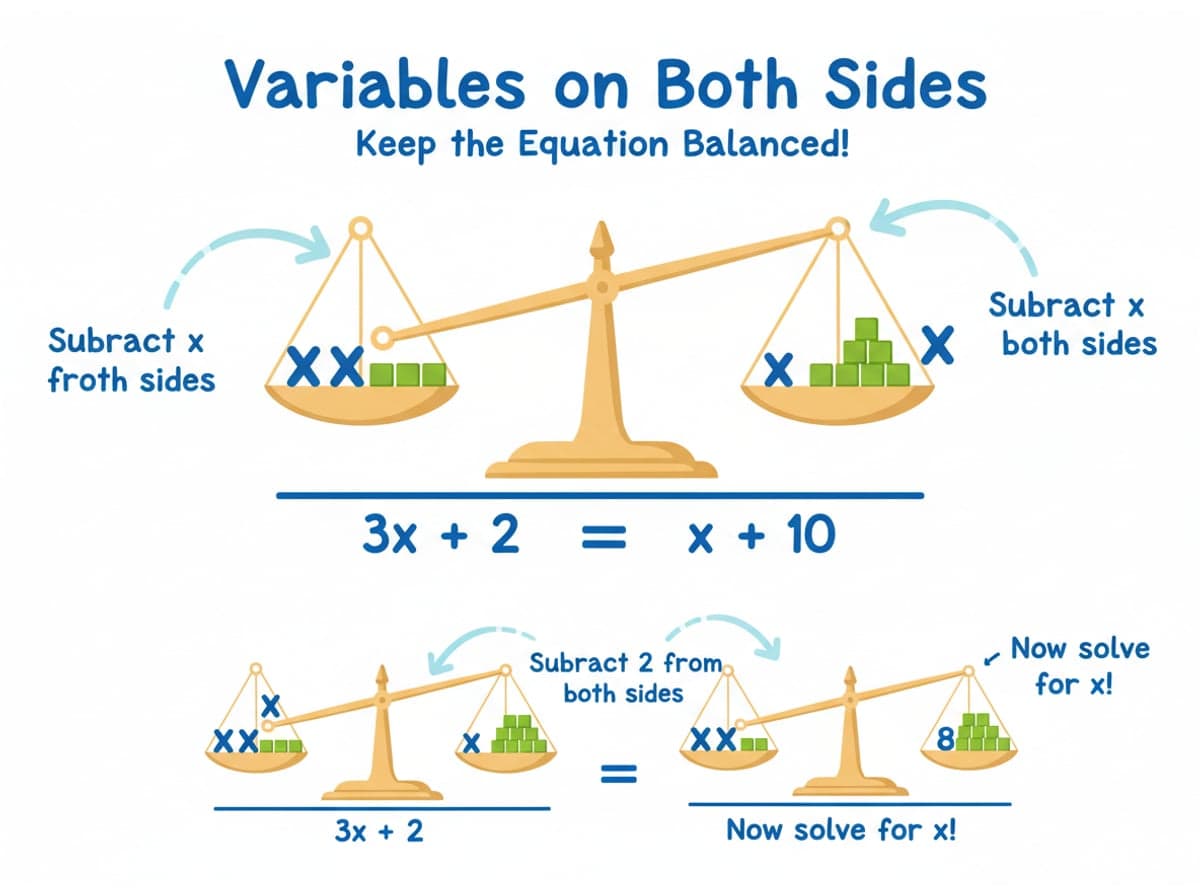 Dry-erase diagram: Variables on both sides — Keep the equation balanced: subtract the same variable term from both sides, then solve as usual.