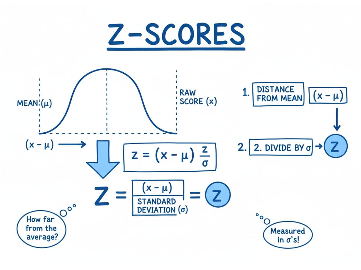 Dry-erase diagram: Z-scores — z = (x - mean) / standard deviation.
